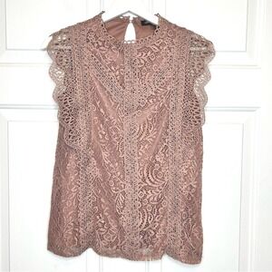 Cable & Gauge Lace Mock Neck Sleeveless Blouse Women's‎ Top Mauve Pink XS
